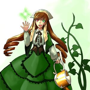 Rating: Safe Score: 0 Tags: 1girl :d brown_hair dress drill_hair frills green_dress green_eyes head_scarf heterochromia image long_hair long_sleeves open_mouth plant red_eyes solo suiseiseki twin_drills twintails very_long_hair watering_can User: admin