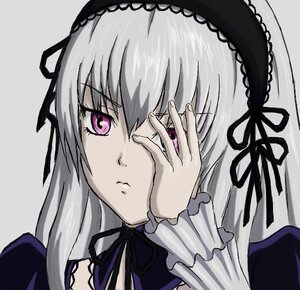 Rating: Safe Score: 3 Tags: 1girl black_ribbon closed_mouth frills hairband image lolita_hairband long_hair long_sleeves looking_at_viewer pink_eyes portrait ribbon silver_hair simple_background solo suigintou User: admin