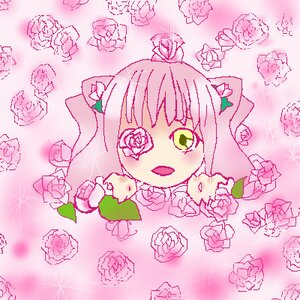Rating: Safe Score: 0 Tags: 1girl :d dated eyebrows_visible_through_hair flower hair_ornament image kirakishou long_hair open_mouth pink_background pink_flower pink_hair pink_rose pink_theme rose signature smile solo striped traditional_media User: admin