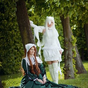 Rating: Safe Score: 0 Tags: bandages brown_hair day dress forest long_hair moss multiple_cosplay multiple_girls nature outdoors sitting tagme thighhighs tree veil white_dress white_legwear User: admin
