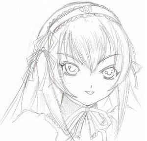 Rating: Safe Score: 0 Tags: 1girl blush greyscale hairband heart image lolita_hairband long_hair looking_at_viewer monochrome ribbon simple_background sketch smile solo suigintou traditional_media white_background User: admin