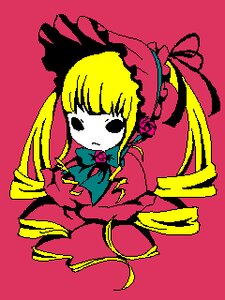 Rating: Safe Score: 0 Tags: 1girl blonde_hair bonnet bow dress flat_color frills image long_hair long_sleeves red_background ribbon shinku simple_background solo very_long_hair User: admin
