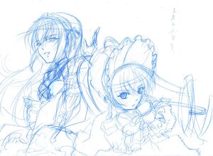 Rating: Safe Score: 0 Tags: 2girls akemi_homura blue_theme bow hairband image long_hair looking_at_viewer magical_girl monochrome multiple_girls pair shinku simple_background sketch suigintou twintails white_background User: admin