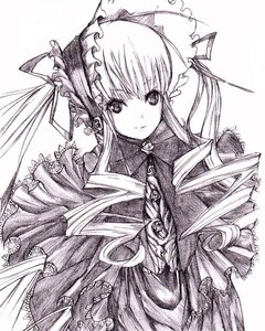 Rating: Safe Score: 0 Tags: 1girl auto_tagged bonnet bow dress frills image long_hair long_sleeves looking_at_viewer monochrome shinku sidelocks simple_background smile solo traditional_media very_long_hair white_background User: admin