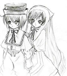 Rating: Safe Score: 0 Tags: 2girls capelet dress frills greyscale hat image long_hair long_sleeves looking_at_viewer monochrome multiple_girls pair ribbon short_hair siblings simple_background sisters souseiseki standing suiseiseki twins very_long_hair white_background User: admin