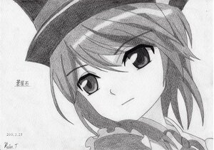 Rating: Safe Score: 0 Tags: 1girl artist_name closed_mouth dated eyebrows_visible_through_hair face frills greyscale hat image looking_at_viewer monochrome short_hair signature solo souseiseki traditional_media User: admin