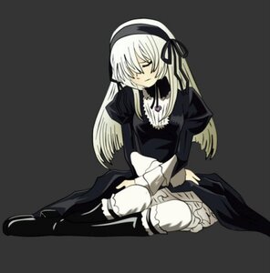Rating: Safe Score: 0 Tags: 1girl black_dress closed_eyes dress frills full_body grey_background hairband image juliet_sleeves kneehighs long_hair long_sleeves puffy_sleeves simple_background sitting solo suigintou User: admin