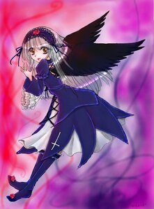 Rating: Safe Score: 0 Tags: 1girl black_wings boots dress frilled_sleeves frills full_body hairband image long_hair long_sleeves looking_at_viewer silver_hair solo standing suigintou wings User: admin