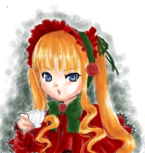 Rating: Safe Score: 0 Tags: 1girl bangs blonde_hair blue_eyes blush bonnet dress flower image long_hair long_sleeves looking_at_viewer red_flower rose shinku solo twintails upper_body User: admin