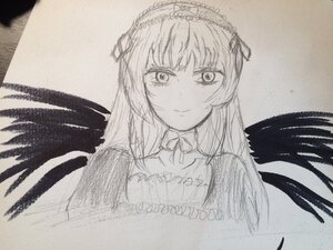 Rating: Safe Score: 0 Tags: 1girl black_wings dress feathered_wings feathers hairband image long_hair looking_at_viewer monochrome photo smile solo suigintou traditional_media upper_body wings User: admin