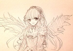 Rating: Safe Score: 0 Tags: 1girl closed_mouth dress feathered_wings flower hairband image long_hair long_sleeves looking_at_viewer monochrome ribbon rose simple_background smile solo suigintou upper_body very_long_hair wings User: admin