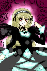 Rating: Safe Score: 0 Tags: 1girl black_wings blonde_hair dress flower frills hairband image long_hair long_sleeves looking_at_viewer red_eyes ribbon rose smile solo suigintou wings User: admin