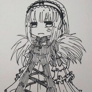 Rating: Safe Score: 0 Tags: 1girl anger_vein closed_mouth dress frills greyscale hairband image lolita_hairband long_hair long_sleeves monochrome simple_background solo suigintou traditional_media User: admin