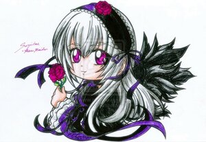 Rating: Safe Score: 0 Tags: 1girl dress flower frills hairband image long_hair long_sleeves looking_at_viewer purple_eyes purple_flower purple_rose ribbon rose signature silver_hair smile solo suigintou wings User: admin