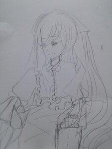 Rating: Safe Score: 0 Tags: 1girl dress frills greyscale image long_hair long_sleeves monochrome sketch smile solo suiseiseki traditional_media User: admin