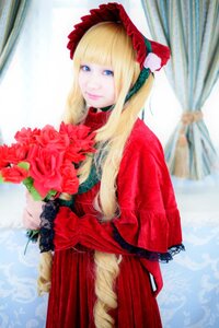 Rating: Safe Score: 0 Tags: 1girl bangs blonde_hair blue_eyes bonnet bouquet curtains dress flower lips long_hair looking_at_viewer photo red_dress red_flower red_rose rose shinku solo User: admin