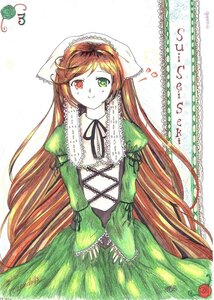 Rating: Safe Score: 0 Tags: 1girl brown_hair dress flat_chest flower frills green_dress green_eyes head_scarf heterochromia image long_hair long_sleeves looking_at_viewer puffy_sleeves red_eyes rose smile solo suiseiseki traditional_media very_long_hair User: admin