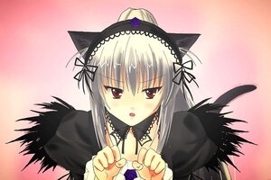 Rating: Safe Score: 3 Tags: 1girl animal_ears blush cat_ears detached_collar fake_animal_ears flower gradient gradient_background hairband image long_hair long_sleeves looking_at_viewer open_mouth pink_background rose silver_hair solo suigintou upper_body wings User: admin