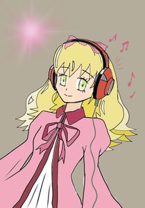 Rating: Safe Score: 0 Tags: 1girl beamed_eighth_notes blonde_hair dress eighth_note green_eyes headphones hinaichigo image long_hair musical_note ribbon simple_background solo User: admin