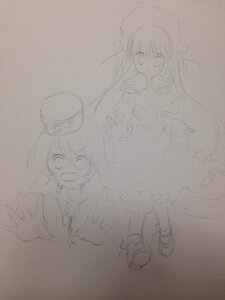 Rating: Safe Score: 0 Tags: 2girls dress hat image long_hair long_sleeves monochrome multiple_girls open_mouth pair photo shinku short_hair sketch smile souseiseki traditional_media User: admin