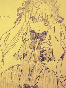 Rating: Safe Score: 0 Tags: 1girl bangs bow closed_mouth eyebrows_visible_through_hair image long_hair long_sleeves looking_at_viewer monochrome shinku simple_background solo traditional_media User: admin