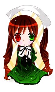 Rating: Safe Score: 0 Tags: 1girl :o blush brown_hair dress drill_hair green_dress green_eyes hat heterochromia image long_hair looking_at_viewer red_eyes simple_background solo suiseiseki twin_drills very_long_hair white_background User: admin