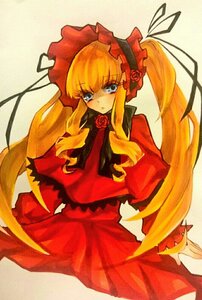 Rating: Safe Score: 0 Tags: 1girl blonde_hair blue_eyes blush bonnet bow bowtie dress flower image long_hair long_sleeves red_dress rose shinku simple_background solo twintails very_long_hair yellow_background User: admin
