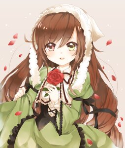 Rating: Safe Score: 0 Tags: 1girl arm_ribbon bonnet brown_hair commentary_request corset dress flower green_dress green_eyes heterochromia highres image juliet_sleeves long_hair long_sleeves looking_at_viewer mozunoj open_mouth petals puffy_sleeves red_flower red_rose ribbon rose rose_petals rozen_maiden smile solo suiseiseki very_long_hair User: admin