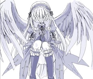 Rating: Safe Score: 0 Tags: 1girl angel angel_wings covering_eyes covering_face crying dress feathered_wings feathers frills hairband hands_on_own_cheeks hands_on_own_face headdress image long_hair long_sleeves monochrome mutsuki_(moonknives) oekaki open_mouth purple_theme ribbon rozen_maiden solo suigintou tears white_background wings User: admin