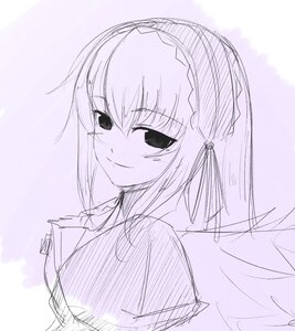 Rating: Safe Score: 0 Tags: 1girl blush closed_mouth dress eyebrows_visible_through_hair hairband image looking_at_viewer monochrome puffy_sleeves ribbon simple_background sketch smile solo suigintou upper_body User: admin