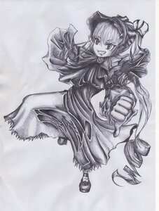 Rating: Safe Score: 0 Tags: 1girl bow dress drill_hair frills full_body grin image long_hair long_sleeves looking_at_viewer monochrome pointing shinku shoes smile solo traditional_media twintails User: admin