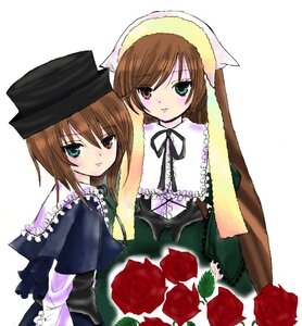 Rating: Safe Score: 0 Tags: 2girls brown_hair dress flower hat head_scarf heterochromia image long_hair long_sleeves looking_at_viewer multiple_girls pair red_eyes red_flower red_rose rose short_hair siblings simple_background sisters souseiseki suiseiseki twins white_background User: admin