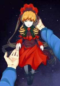 Rating: Safe Score: 0 Tags: 1girl blonde_hair blue_eyes bonnet doll_joints dress drill_hair flower hands image joints long_hair out_of_frame pov red_dress rose shinku solo solo_focus User: admin