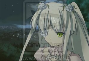 Rating: Safe Score: 0 Tags: 1girl dress eyepatch flower frills green_eyes hair_flower hair_ornament image kirakishou long_hair rose smile solo white_flower white_rose User: admin