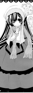 Rating: Safe Score: 0 Tags: 1girl ;) dress greyscale image long_hair long_sleeves looking_at_viewer monochrome one_eye_closed scarf smile solo suiseiseki very_long_hair User: admin
