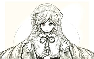 Rating: Safe Score: 0 Tags: 1girl bangs closed_mouth dress eyebrows_visible_through_hair frills image long_hair long_sleeves looking_at_viewer monochrome neck_ribbon ribbon smile solo suiseiseki upper_body very_long_hair User: admin