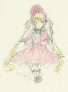 Rating: Safe Score: 0 Tags: 1girl blonde_hair blue_eyes bonnet bow bowtie dress flower full_body image long_hair long_sleeves looking_at_viewer red_dress rose shinku simple_background sitting solo standing traditional_media very_long_hair User: admin