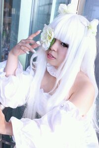 Rating: Safe Score: 0 Tags: 1girl bangs bare_shoulders blunt_bangs dress flower holding kirakishou lips long_hair sitting solo white_dress white_flower white_hair User: admin