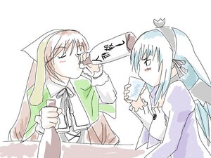 Rating: Safe Score: 0 Tags: 2girls alcohol angel_wings artist_request black_ribbon blush bottle dress drinking drunk feathered_wings hairband head_scarf holding image long_hair long_sleeves multiple_girls pair ribbon rozen_maiden simple_background sitting sketch suigintou suiseiseki table white_background wings User: admin