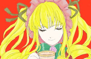 Rating: Safe Score: 0 Tags: 1girl blonde_hair bonnet closed_eyes closed_mouth drill_hair flower food image long_hair red_background ribbon rose shinku simple_background smile solo User: admin