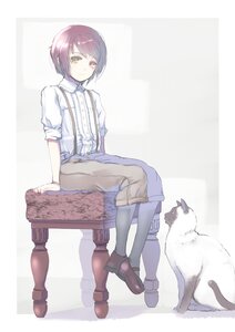 Rating: Safe Score: 0 Tags: 1girl animal brown_footwear cat full_body green_eyes heterochromia image looking_at_viewer shirt short_hair short_sleeves sitting smile solo souseiseki striped striped_background suspenders vertical_stripes white_shirt User: admin