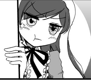 Rating: Safe Score: 0 Tags: 1girl :t anger_vein eyebrows_visible_through_hair greyscale long_hair long_sleeves looking_at_viewer monochrome neck_ribbon pout ribbon solo User: admin