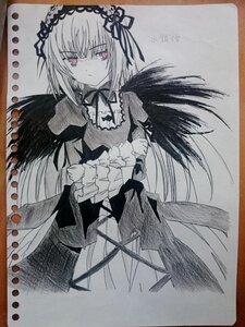 Rating: Safe Score: 0 Tags: 1girl black_wings closed_mouth dress eyebrows_visible_through_hair feathered_wings feathers frilled_sleeves frills hairband image long_hair long_sleeves looking_at_viewer monochrome photo ribbon rose shikishi solo suigintou traditional_media wings User: admin