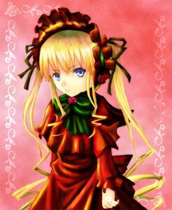 Rating: Safe Score: 0 Tags: 1girl blonde_hair blue_eyes bonnet bow bowtie cowboy_shot dress flower green_bow green_neckwear image long_hair long_sleeves looking_at_viewer pink_background red_dress rose shinku simple_background solo twintails User: admin