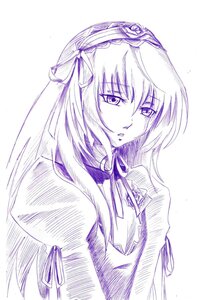 Rating: Safe Score: 0 Tags: 1girl dress eyebrows_visible_through_hair flower hairband image long_hair long_sleeves looking_at_viewer monochrome purple_theme ribbon simple_background solo suigintou traditional_media upper_body white_background User: admin