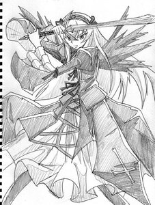 Rating: Safe Score: 0 Tags: 1girl dress frills greyscale holding image long_hair long_sleeves looking_at_viewer monochrome solo standing suigintou sword weapon white_background wings User: admin