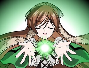 Rating: Safe Score: 0 Tags: 1girl brown_hair closed_eyes dress eyebrows_visible_through_hair frills green_background image long_hair long_sleeves open_mouth smile solo suiseiseki User: admin