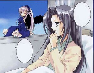 Rating: Safe Score: 0 Tags: 2girls dress hairband image kakizaki_megu long_hair long_sleeves multiple_girls silver_hair sitting solo suigintou very_long_hair wings User: admin