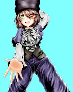 Rating: Safe Score: 0 Tags: 1girl :d brown_hair dress frills green_eyes hat heterochromia image long_sleeves looking_at_viewer open_mouth outstretched_arm outstretched_hand pants red_eyes simple_background smile solo souseiseki suiseiseki User: admin