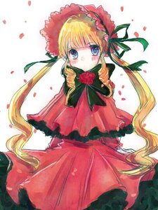 Rating: Safe Score: 0 Tags: 1girl blonde_hair blue_eyes blush bonnet bow bowtie capelet dress flower green_bow image long_hair long_sleeves looking_at_viewer petals rose rose_petals shinku solo striped twintails User: admin